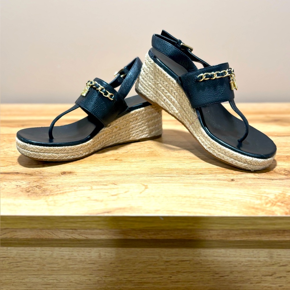 Black Wedge Espadrille Thong Sandals with Gold Chain Detail